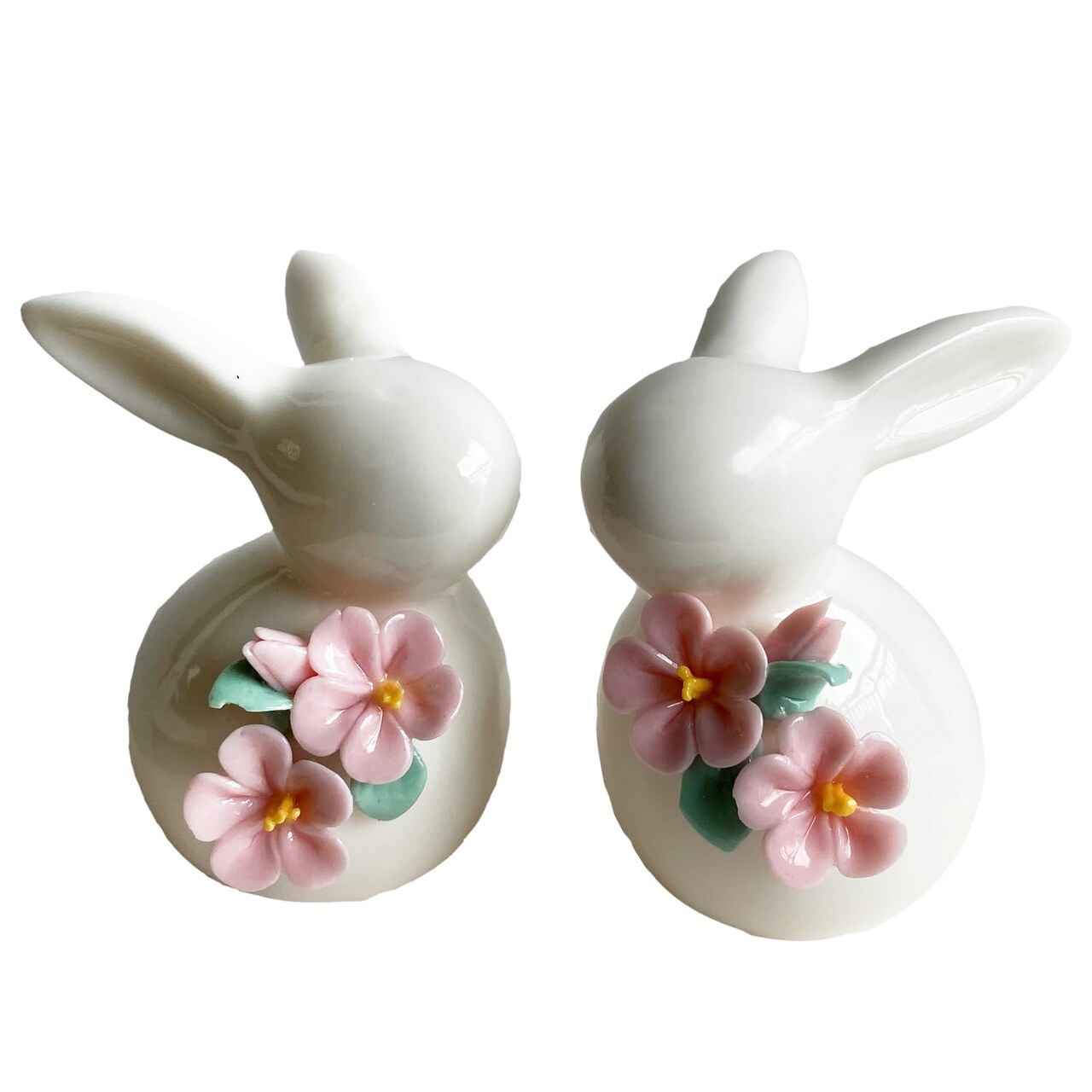Basuo-9Q Set of Mini Ceramic Rabbit Figurines, Porcelain Easter Bunny Decorations for Home, Tabletop Ornament, Tea Ceremony Pet (2-Flower)